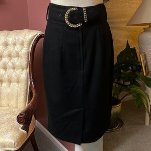 Vintage 80s Black Wool Pencil Skirt with gold braided belt, Size 9
